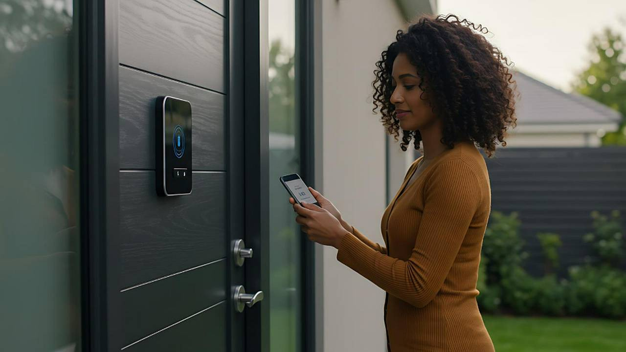 Woman unlocking her front door from her phone
