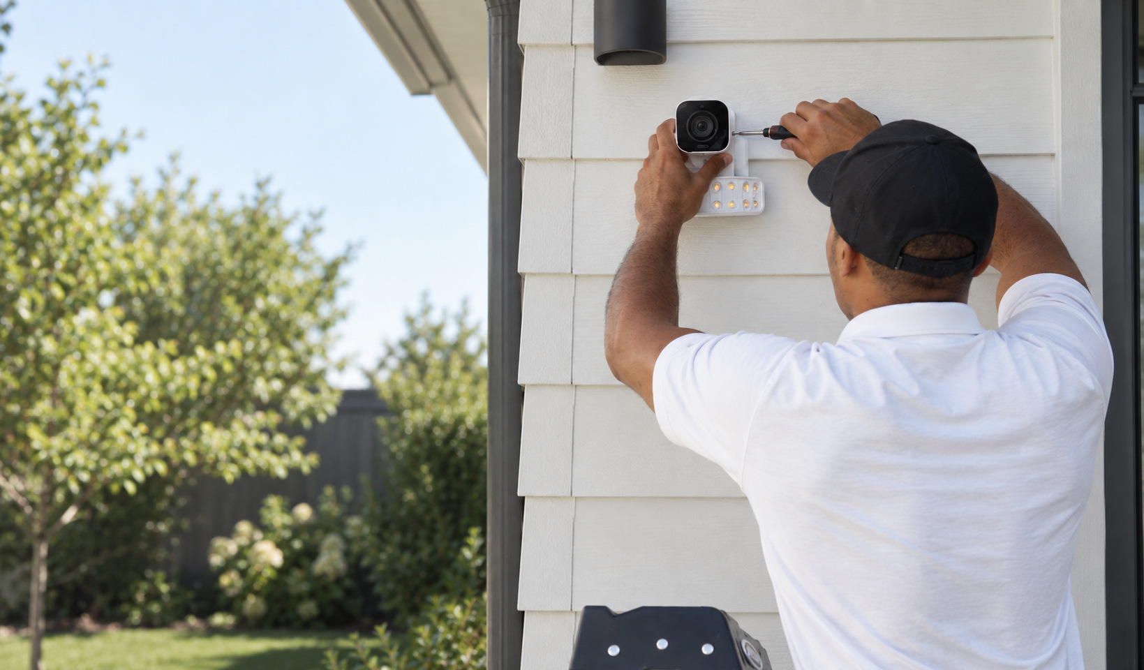Man mounting a security camera on a house wall