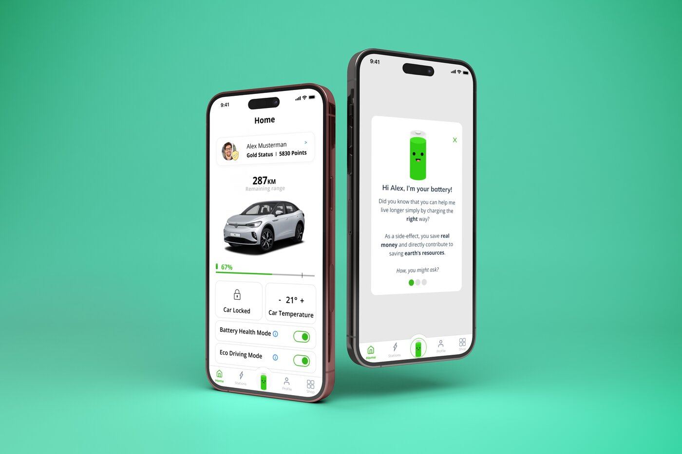 App prototype showing battery status, points and the battery speaking to the driver